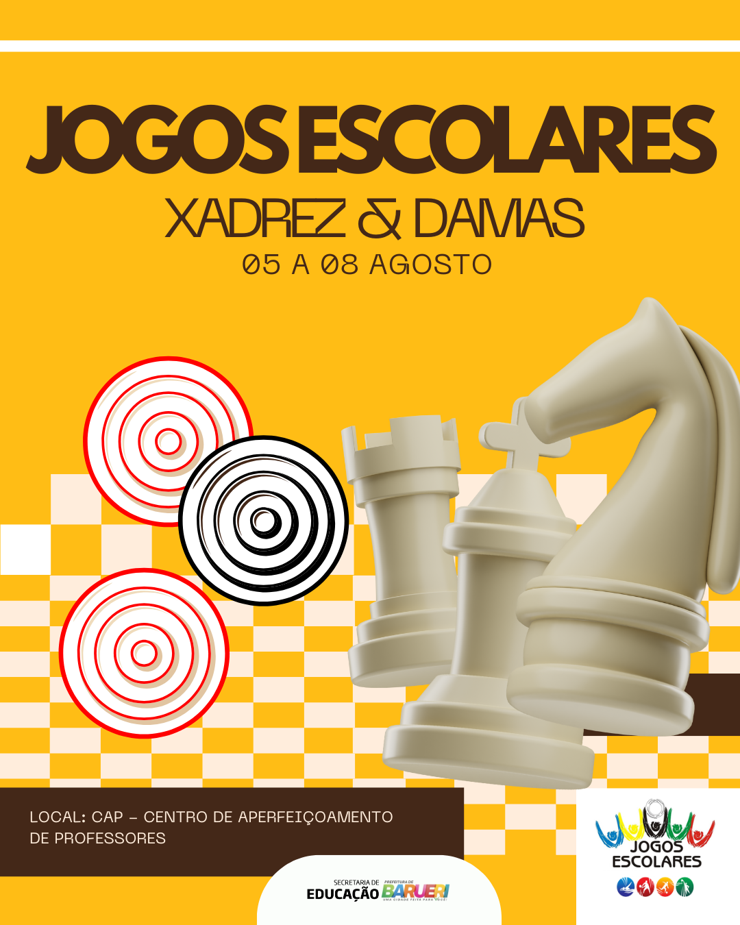 Jogos escolares de damas e xadrez com estudantes da rede municipal começam nesta terça-feira (05)